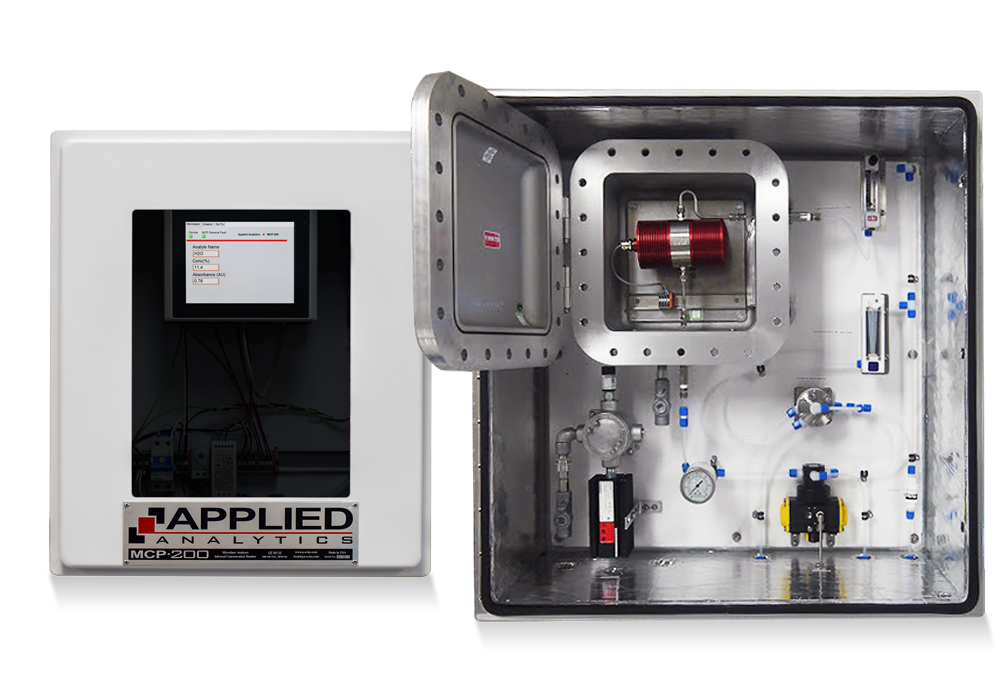 Applied Analytics MicroSpec MCP-200 infrared analyzer measuring moisture in dry EDC for corrosion and quality control.