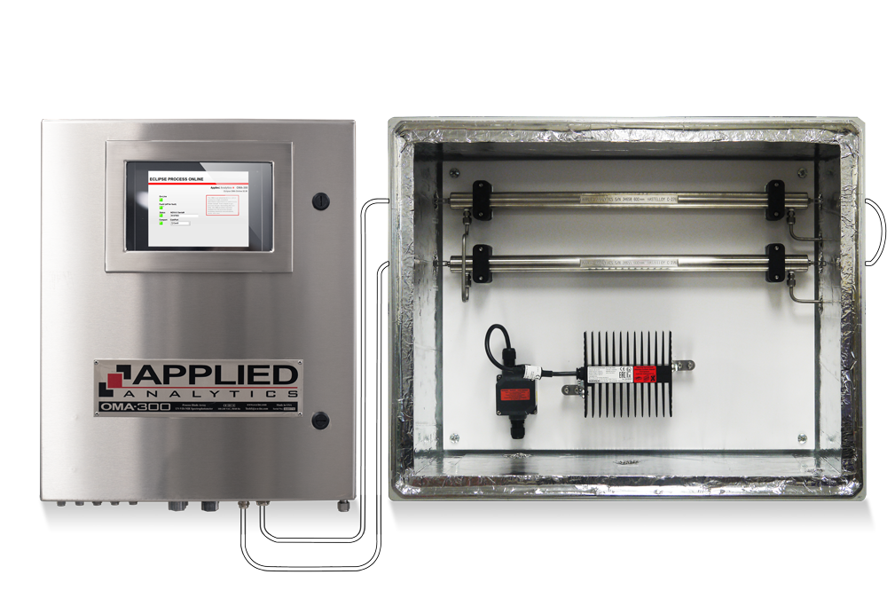 Applied Analytics OMA-300 process analyzer measuring treated chlorine vent gas for scrubber verification and EPA reporting.