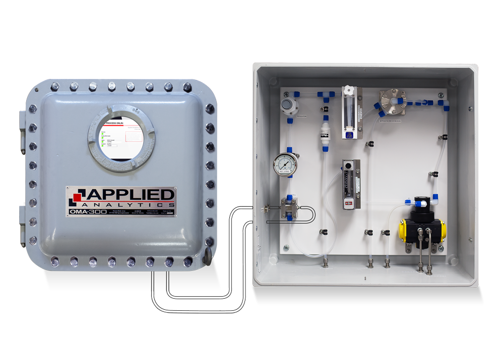 Applied Analytics OMA-300 process analyzer measuring FeCl₃ and chlorine in direct chlorination reactor effluent.